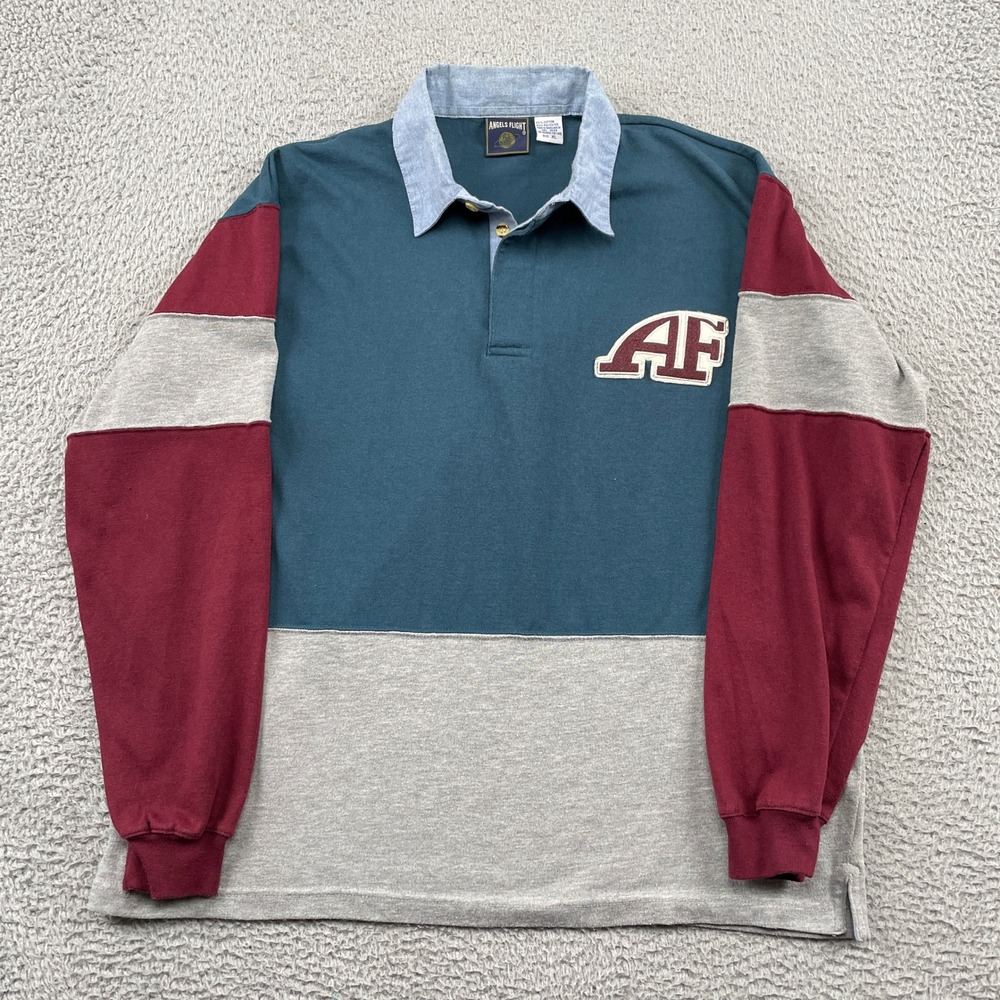 Angels Flight Rugby Shirt Mens XL Multicolor AF Patch Long Sleeve Colorblock 90s